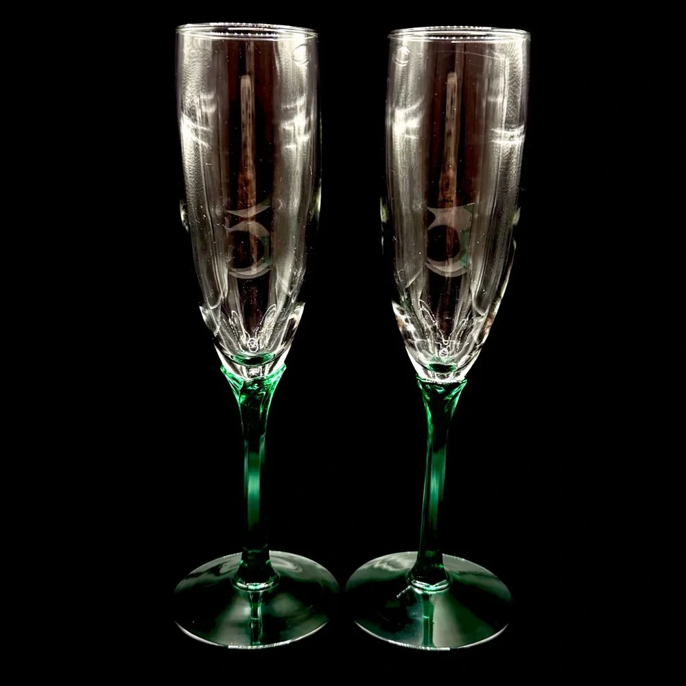 Vintage Libbey Domaine‎ Juniper Green Stem Champagne Flutes Set of 2